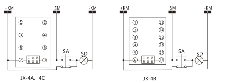 JX-4C閃光繼電器內部接線及外引接線圖