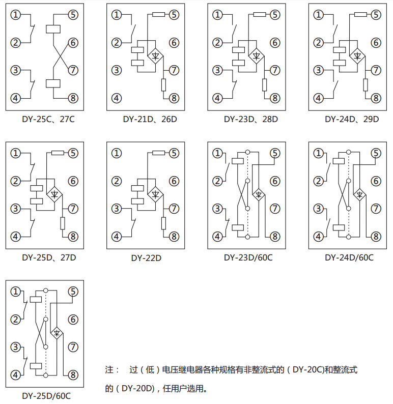 DY-21D～25D/60C電壓繼電器內部接線圖及外引接線圖(正視圖)