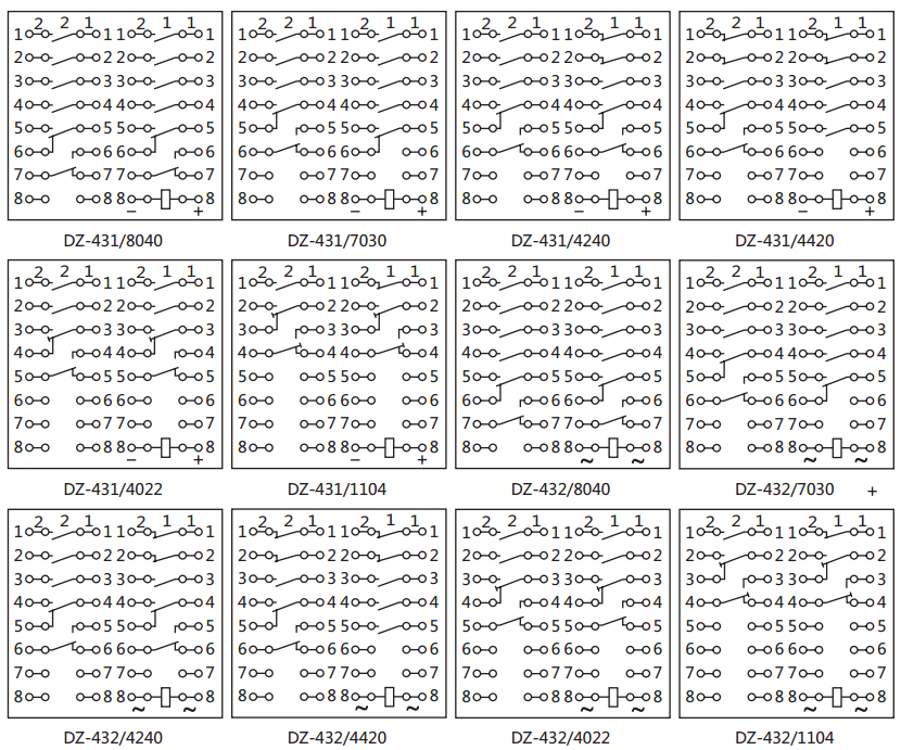 DZ-432中間繼電器內部接線圖及外引接線圖（背視）