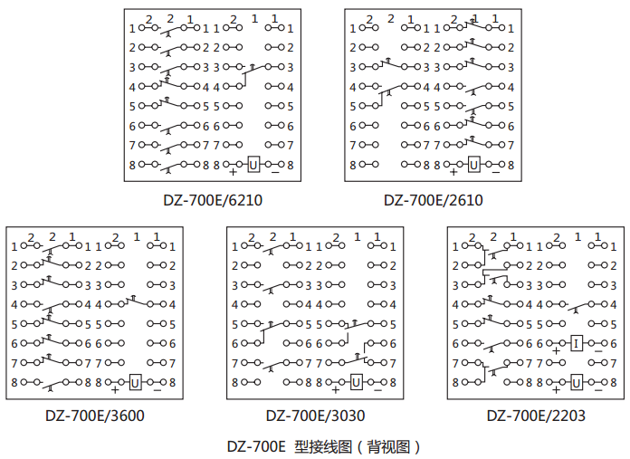 DZ-700E中間繼電器內部接線圖及外引接線圖（背視）