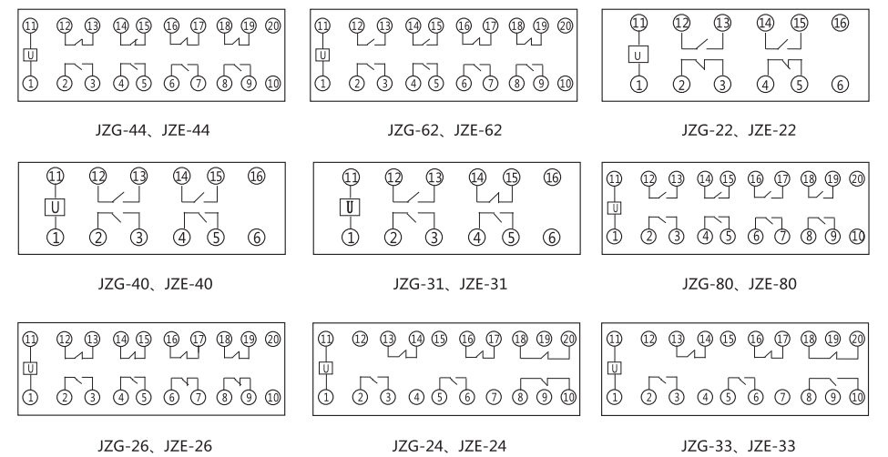 JZG-62卡軌式靜態(tài)中間繼電器內部端子外引接線圖